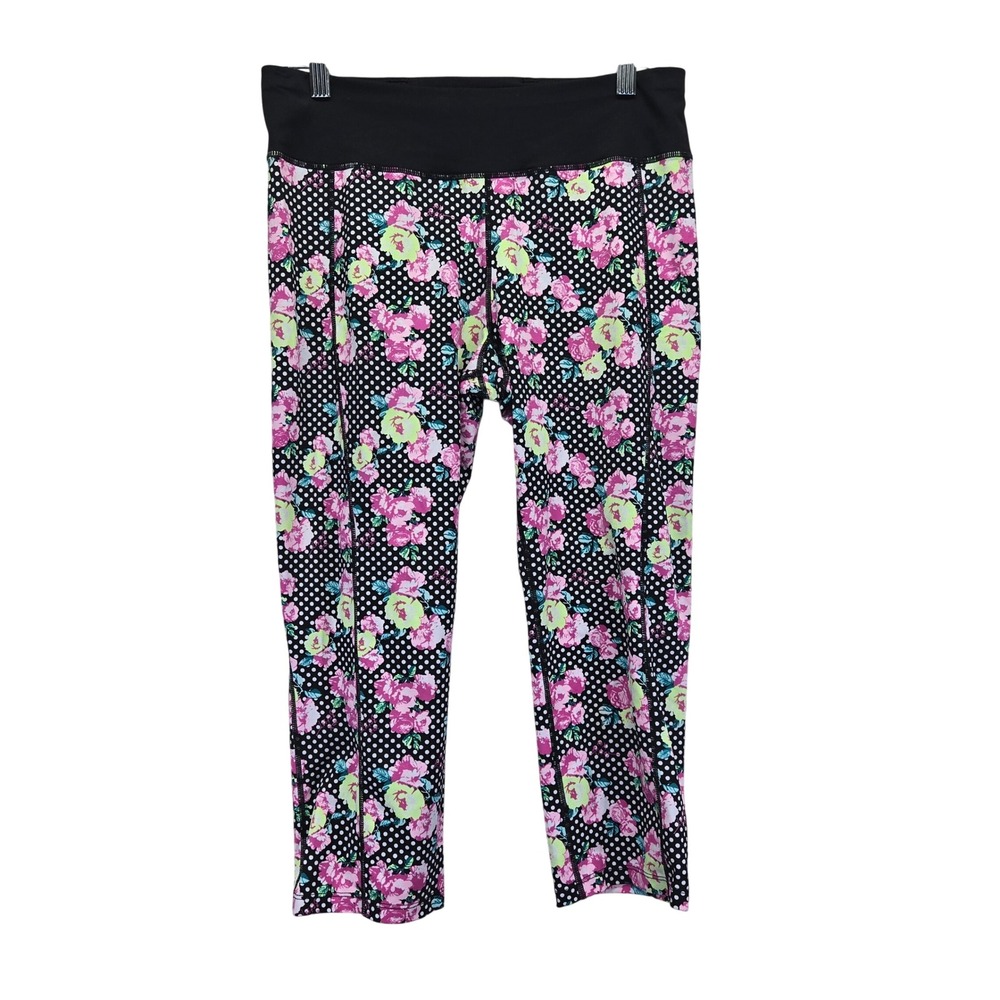 Betsey Johnson Performance Floral Polka Dot Capri Leggings‎ Womens Large Black